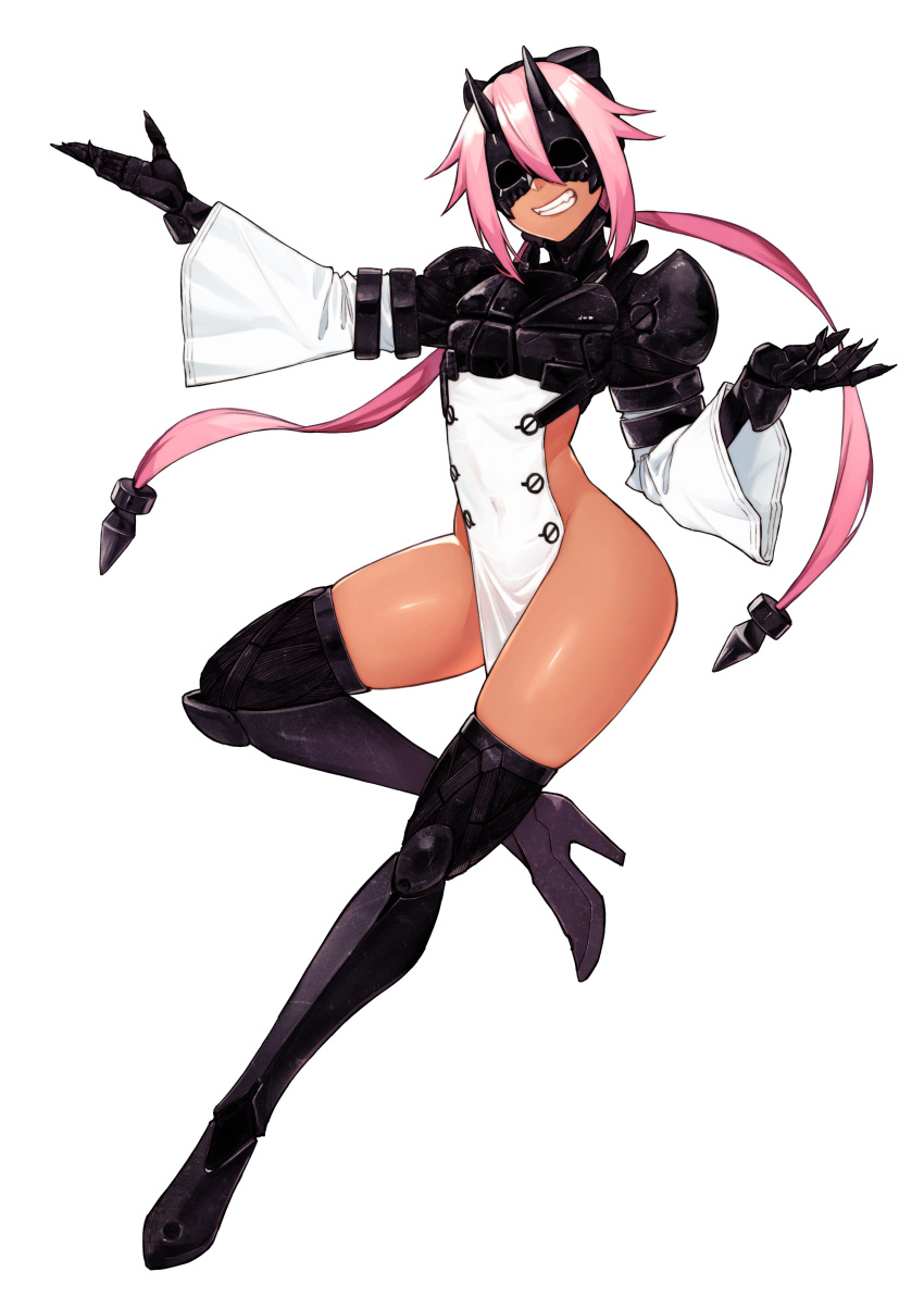 1girl absurdres armor arms_up ass black_thighhighs boots character_name clenched_teeth covered_navel dark-skinned_female dark_skin full_body gauntlets hair_between_eyes heart_gear high_heels highres horned_mask long_hair mask no_panties official_art outstretched_arm pauldrons pelvic_curtain pink_hair shiny_skin shoulder_armor skull_mask smile solo teeth thigh_boots thighhighs tsuyoshi_takaki twintails very_long_hair white_background wraith_(heart_gear)