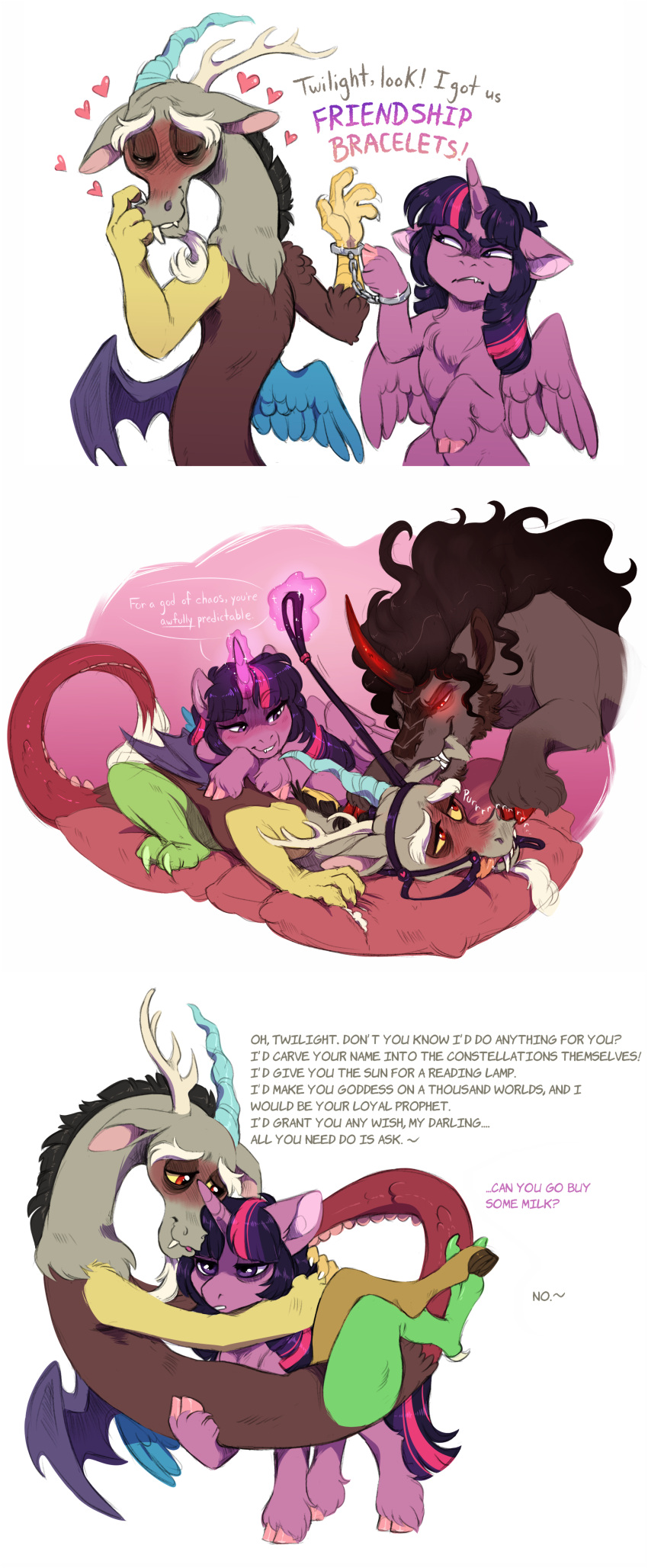 2021 absurd_res annoyed bdsm bisexual bite black_body black_fur black_hair blush bridle carrying_another chimera dialogue discord_(mlp) dominant dominant_female dominant_male draconequus duo ear_bite english_text equid equine female feral friendship_is_magic fur group hair handcuffed_together hasbro hi_res hooves horn king_sombra_(mlp) leash levitation lopoddity magic male male/female male/male mammal multiple_images my_little_pony mythological_creature mythological_equine mythology pandoraverse_(lopoddity) purple_body purple_fur quadruped semi-anthro submissive submissive_male tail text trio twilight_sparkle_(mlp) unicorn winged_unicorn wings