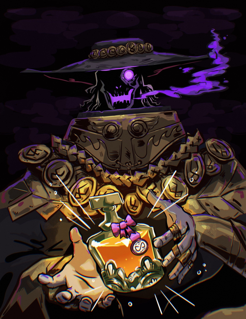 1boy alt_text black_background bottle bow charon_(hades) english_commentary ghostslazy glowing glowing_eyes hades_(series) hat highres jewelry looking_at_viewer multiple_rings pink_bow purple_eyes ring skull solo upper_body