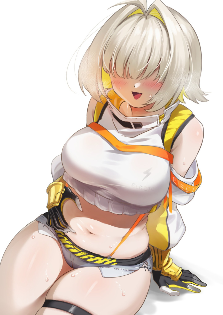 1girl ahoge belly_grab blonde_hair blush breasts detached_sleeves elegg_(nikke) fang goddess_of_victory:_nikke hair_intakes hair_over_eyes heavy_breathing highres large_breasts long_bangs long_sleeves multicolored_hair navel open_mouth pinching plump sha_(shareddelicious) short_hair shorts solo suspenders sweat thick_thighs thigh_strap thighs two-tone_hair