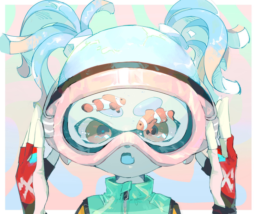 1girl aqua_jacket blue_hair border commentary_request fang fingerless_gloves fish gloves goggles highres inkling inkling_girl inkling_player_character jacket multicolored_background open_mouth outside_border pppmepl short_hair skin_fang solo splatoon_(series) swim_goggles tentacle_hair thick_eyebrows twintails upper_body white_border