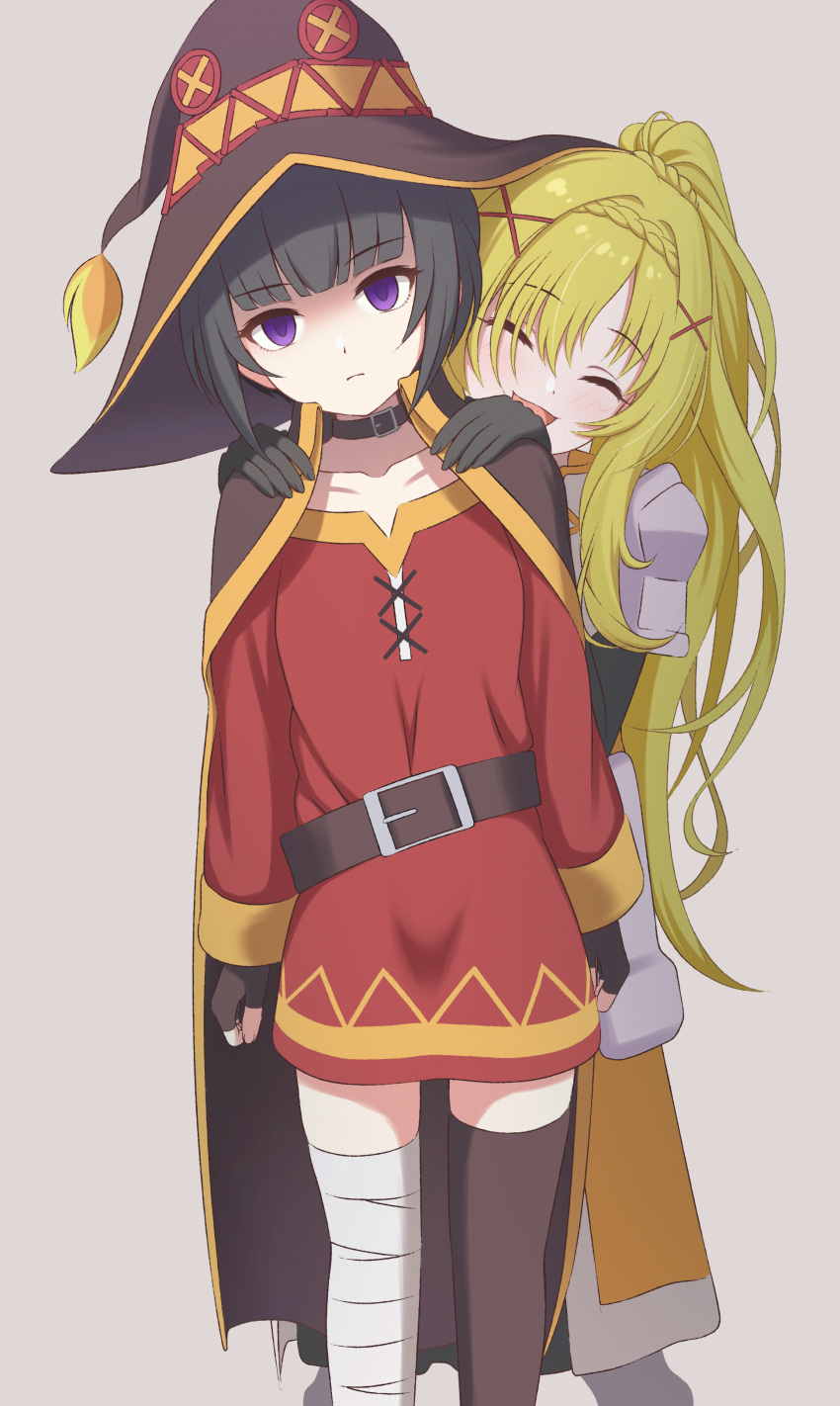 2girls ^_^ absurdres armor asymmetrical_legwear bandaged_leg bandages black_gloves black_hair blonde_hair brown_cape cape closed_eyes collarbone commentary_request contamination_(contami0813) cosplay darkness_(konosuba) darkness_(konosuba)_(cosplay) dress empty_eyes expressionless feet_out_of_frame fingerless_gloves gloves hands_on_another's_shoulders hat highres idolmaster idolmaster_cinderella_girls kono_subarashii_sekai_ni_shukufuku_wo! kurosaki_chitose looking_at_viewer megumin megumin_(cosplay) multiple_girls purple_eyes red_dress shirayuki_chiyo shoulder_armor simple_background witch_hat