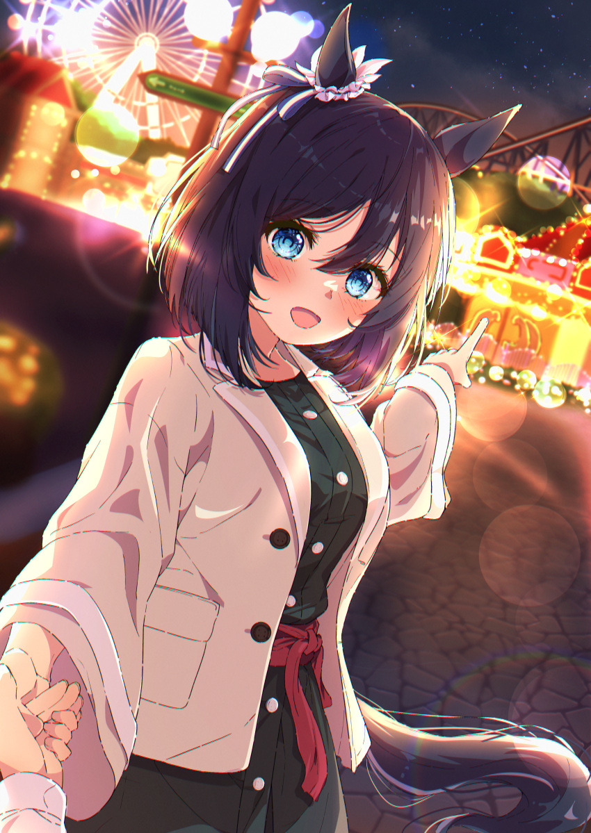 1girl 1other :d absurdres amusement_park animal_ears black_dress black_hair blue_eyes blush bob_cut dress ear_scrunchie eishin_flash_(umamusume) hair_between_eyes highres horse_ears horse_girl horse_tail jacket juri-arima looking_at_viewer night pointing pointing_forward pov pov_hands scrunchie smile solo_focus tail umamusume white_jacket white_scrunchie