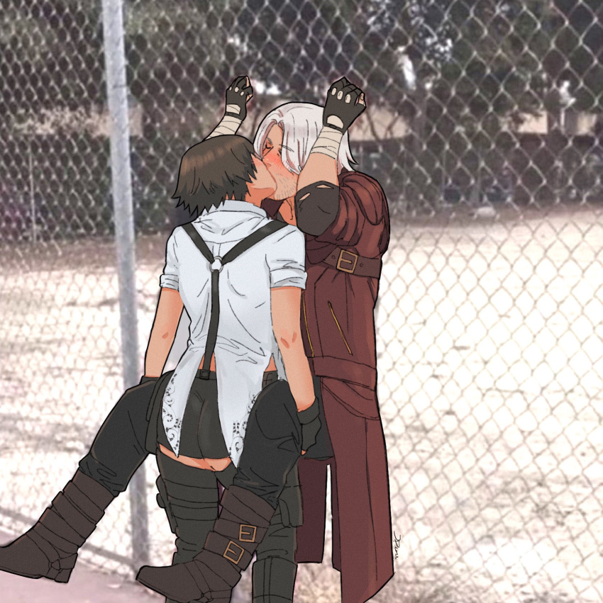 1boy 1girl against_fence ass beard_stubble black_gloves black_hair black_shorts boots brown_footwear carrying coat commentary dante_(devil_may_cry) devil_may_cry_(series) devil_may_cry_5 english_commentary facial_hair fence fingerless_gloves french_kiss gloves grey_hair hetero highres jumpoon kiss lady_(devil_may_cry) photo-referenced photo_background red_coat shirt short_hair short_shorts shorts stubble suspenders white_shirt