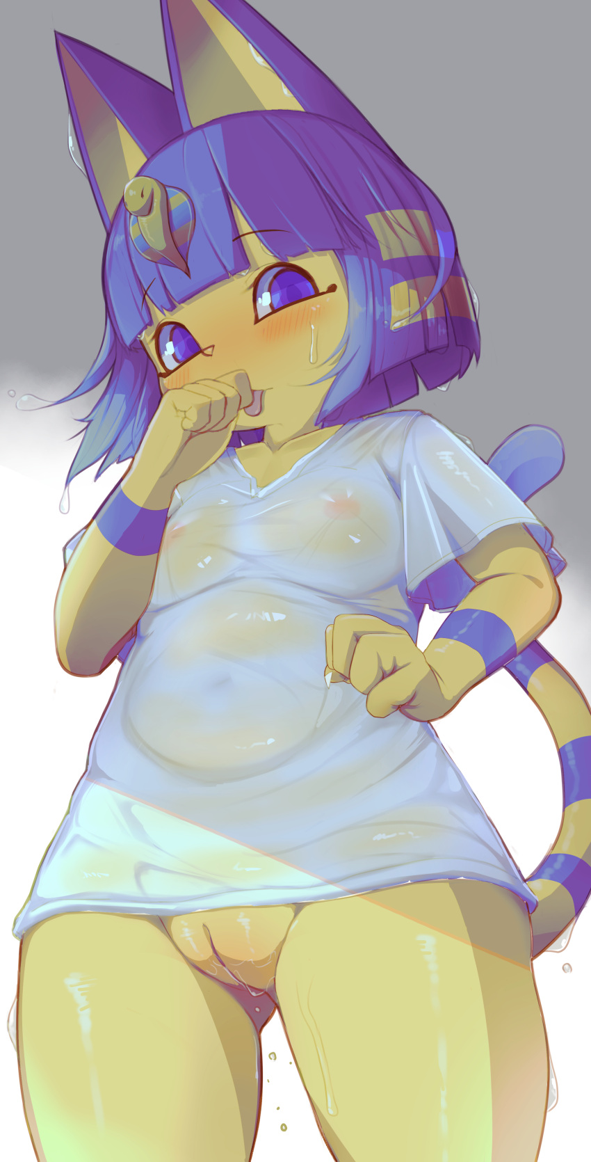 2024 5_fingers absurd_res animal_crossing ankha_(animal_crossing) anthro blep blue_eyes blue_hair blush blush_lines bob_cut bottomless breasts clothed clothing digital_media_(artwork) domestic_cat dwarfism eyebrows felid feline felis female fingers front_view fur genitals hair hi_res innie_pussy looking_at_viewer mammal markings nintendo nipples pink_nipples portrait pussy pyu_ta08 shirt shirt_only small_breasts solo standing striped_markings striped_tail stripes tail tail_markings three-quarter_portrait tongue tongue_out topwear topwear_only translucent translucent_clothing translucent_shirt translucent_topwear uraeus water wet wet_body wet_clothing wet_fur wet_hair wet_shirt wet_topwear white_clothing white_shirt white_topwear yellow_body yellow_fur