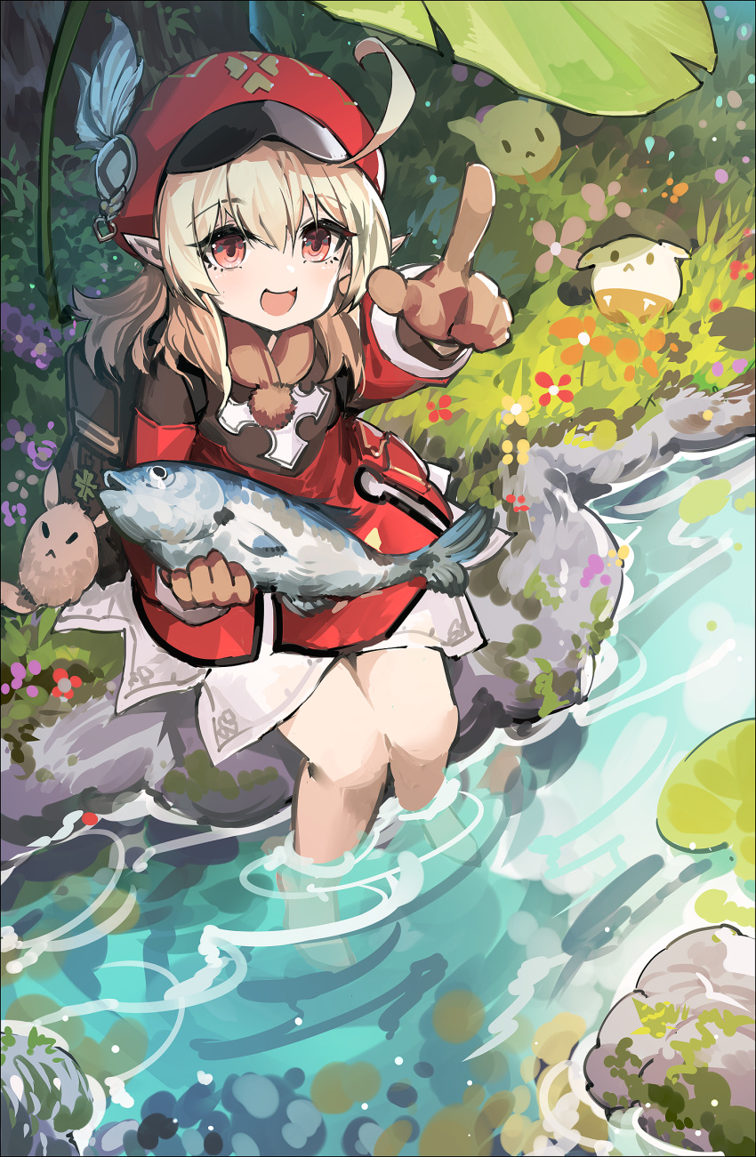 1girl :d ahoge blonde_hair brown_gloves character_request commentary dodoco_(genshin_impact) fish flower forte full_body genshin_impact gloves highres index_finger_raised klee_(genshin_impact) leaf_umbrella medium_hair open_mouth outdoors pointy_ears red_eyes red_hat sitting smile wading