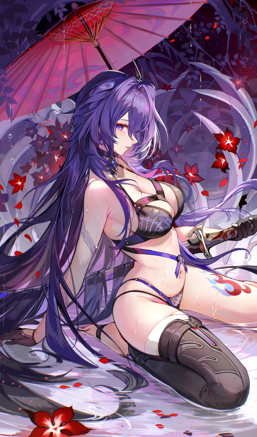 absurdres acheron_(honkai:_star_rail) akizero1510 asymmetrical_legwear bare_legs bare_shoulders bikini black_choker breasts choker cleavage eyes_visible_through_hair flower hair_ornament hair_over_one_eye highres honkai:_star_rail honkai_(series) kneeling kneeling_on_liquid leg_tattoo light_blush long_hair looking_at_viewer midriff navel purple_eyes purple_hair red_flower red_umbrella stomach swimsuit tattoo umbrella very_long_hair