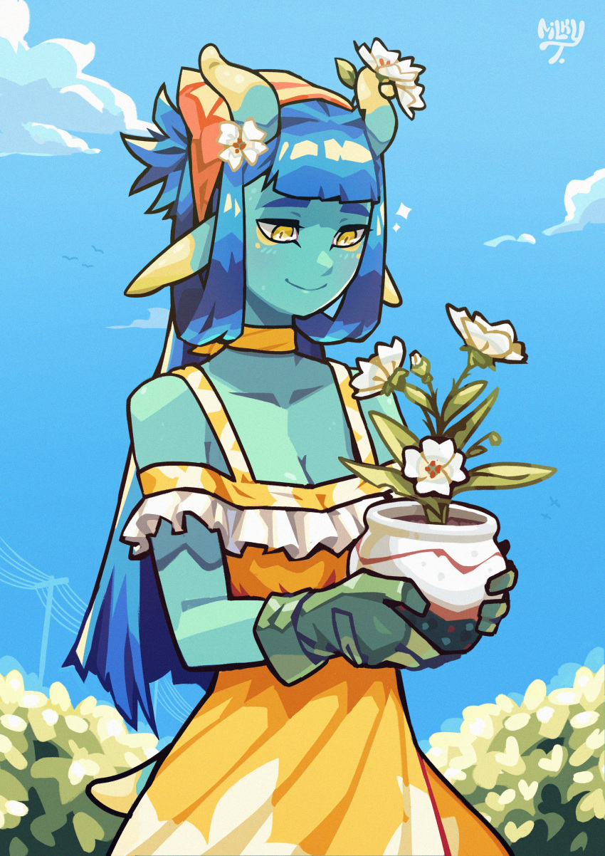 absurdres blue_skin choker colored_skin dress flower flower_pot gloves hair_flower hair_ornament highres horns milkytiddyboy original suger_(milkytiddyboy) sundress tagme very_long_ears yellow_dress yellow_eyes