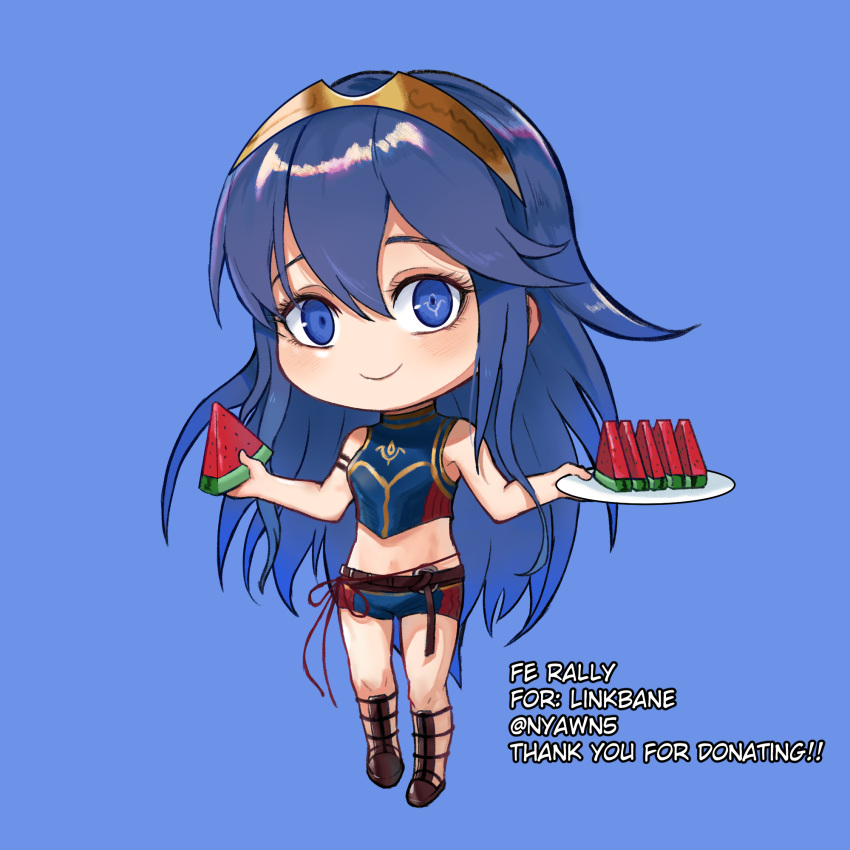 1girl bare_shoulders belt bikini blue_background blue_bikini blue_eyes blue_hair brand_of_the_exalt brown_belt chibi chibi_only closed_mouth english_commentary fire_emblem fire_emblem_awakening fire_emblem_cipher food fruit full_body hair_between_eyes highres holding holding_food holding_fruit holding_plate looking_at_viewer lucina_(fire_emblem) nyawn5 official_alternate_costume plate smile solo swimsuit symbol_in_eye tiara watermelon watermelon_slice