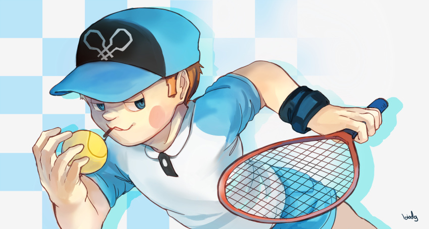 1boy alternate_costume alternate_eye_color artist_name ball baseball_cap blue_eyes blue_hat blue_shorts blue_sleeves blue_wristband blush_stickers brown_hair buttons checkered_background collared_shirt commentary cowboy_shot danganronpa_(series) danganronpa_v3:_killing_harmony drop_shadow food_in_mouth gradient_background half-closed_eyes hat highres holding holding_ball holding_tennis_racket hoshi_ryoma loiodg looking_to_the_side male_focus parted_lips pocket shirt short_hair short_shorts short_sleeves shorts simple_background smile solo sportswear tennis_ball tennis_uniform white_background white_shirt