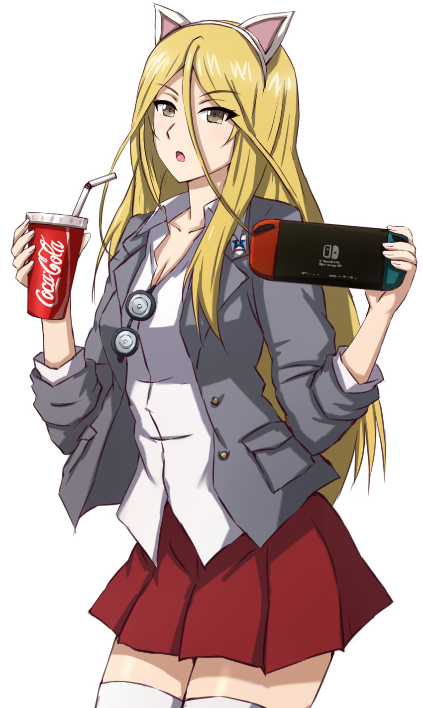 1girl absurdres animal_ears black-framed_eyewear blazer blonde_hair blouse brown_eyes cat_ears coca-cola coke-bottle_glasses collared_shirt commentary cosplay cowboy_shot cup disposable_cup dress_shirt drinking_straw emblem fake_animal_ears girls_und_panzer glasses grey_jacket hair_between_eyes handheld_game_console highres holding holding_cup holding_handheld_game_console jacket kay_(girls_und_panzer) kay_(girls_und_panzer)_(cosplay) long_hair long_sleeves looking_at_viewer miniskirt nekonyaa_(girls_und_panzer) nintendo_switch no_necktie omachi_(slabco) open_clothes open_jacket open_mouth partially_unbuttoned pleated_skirt red_skirt round_eyewear saunders_(emblem) saunders_school_uniform school_uniform shirt simple_background skirt sleeves_rolled_up solo standing thighhighs unworn_eyewear white_background white_shirt white_thighhighs wing_collar