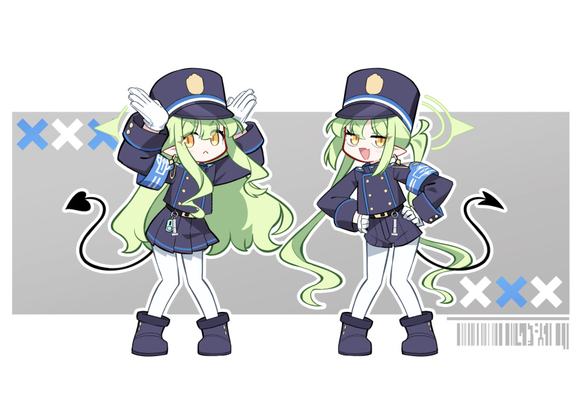 2girls :&lt; :d armband arms_up barcode blue_archive blue_armband blue_footwear blue_hair blue_jacket blue_shorts boots buttons chibi chibi_only demon_tail double-breasted earrings fang gloves green_hair green_halo grey_background halo hands_on_own_hips hat highres hikari_(blue_archive) jacket jewelry long_hair looking_at_viewer multiple_girls nemoga nozomi_(blue_archive) outline pantyhose peaked_cap pleated_skirt pointy_ears shorts siblings sidelocks single_earring sisters skin_fang skirt smile tail twins twintails very_long_hair whistle white_gloves white_outline white_pantyhose yellow_eyes