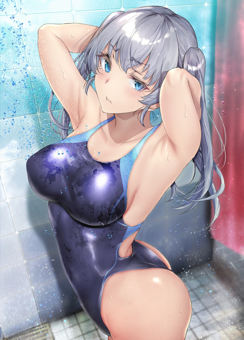 1girl armpits arms_behind_head ass bathroom blue_eyes blue_one-piece_swimsuit blush breasts collarbone commentary_request competition_swimsuit from_side gentsuki grey_hair highres kimi_omou_koi kuroe_(kimi_omou_koi) large_breasts looking_at_viewer looking_to_the_side one-piece_swimsuit shiny_swimsuit shower_(place) shower_curtain showering solo swimsuit tile_wall tiles twintails water_drop wet