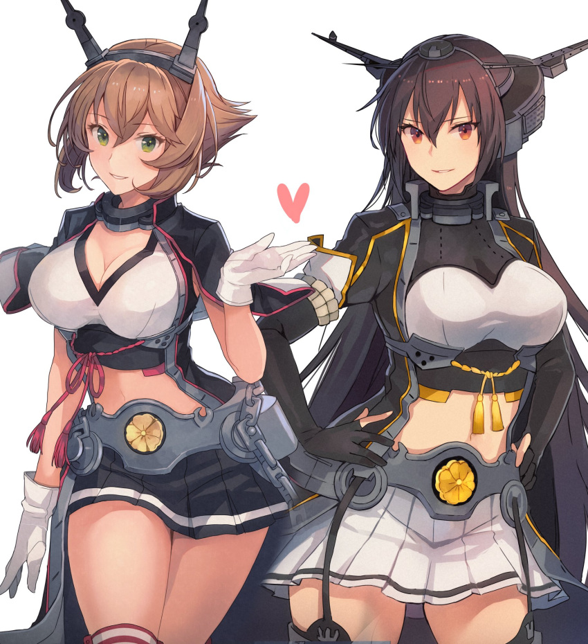 2girls black_hair brown_hair elbow_gloves fingerless_gloves flipped_hair gloves green_eyes hairband headgear heart highres kantai_collection kasumi_(skchkko) long_hair metal_belt multiple_girls mutsu_(kancolle) nagato_(kancolle) pleated_skirt radio_antenna red_eyes short_hair skirt thighhighs white_gloves