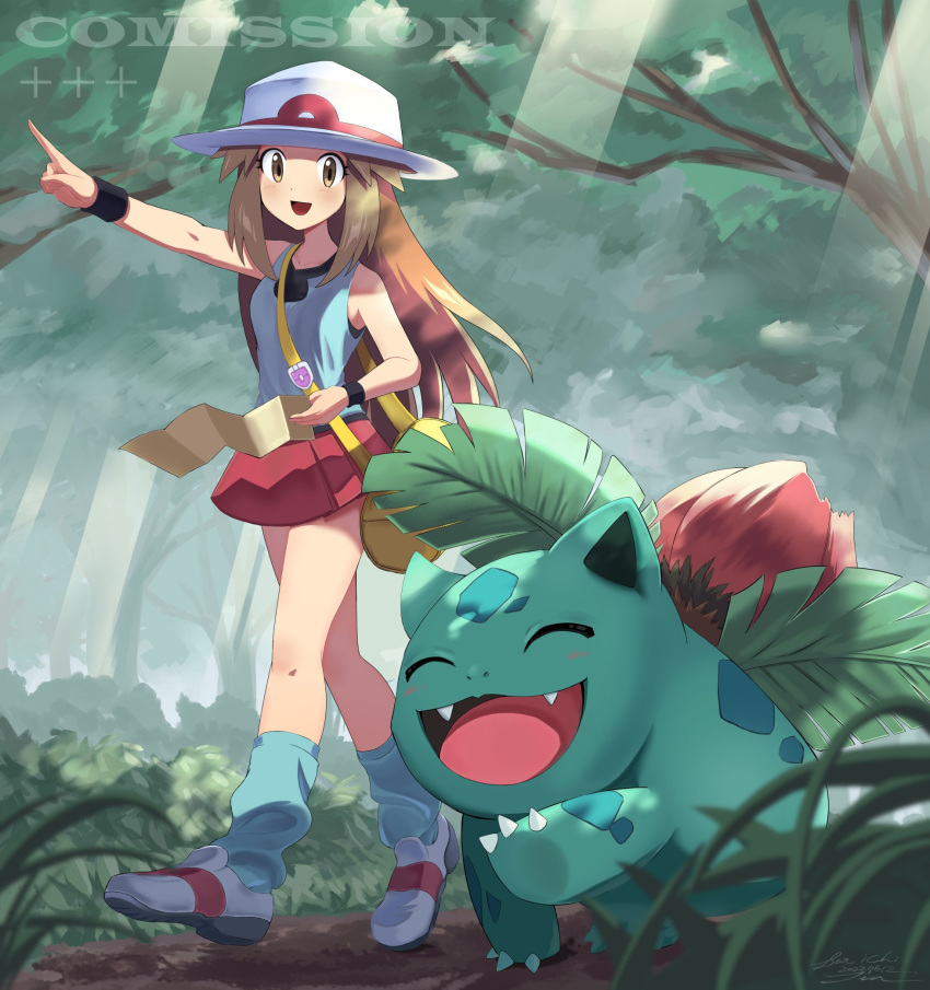 1girl blue_tank_top breasts brown_eyes brown_hair commentary_request commission fangs forest hat highres holding holding_map ivysaur jin_(funaki_gen) leaf_(pokemon) long_hair loose_socks map miniskirt nature pleated_skirt pointing pokemon pokemon_(creature) pokemon_frlg red_skirt shoes skeb_commission skirt small_breasts socks sunlight tank_top watermark white_footwear wristband