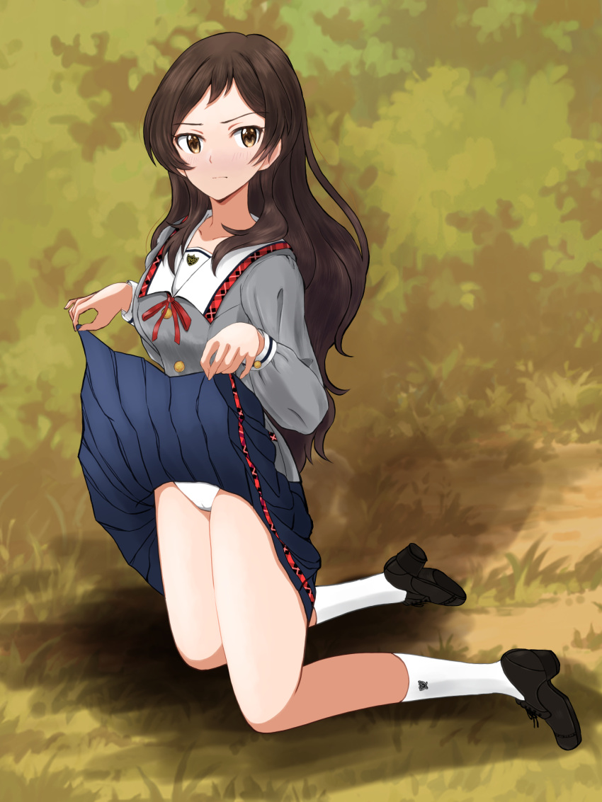 1girl black_hair black_skirt blush breasts brown_eyes bush buttons closed_mouth collar dot_nose eyelashes full_body grey_serafuku hair_over_shoulder highres idolmaster idolmaster_million_live! idolmaster_million_live!_theater_days junior_high_schoolmate_(idolmaster) kitazawa_shiho kneeling lifted_by_self loafers long_hair long_sleeves looking_at_viewer medium_breasts neck_ribbon on_grass panties pleated_skirt pocket red_ribbon ribbon school_uniform serafuku shoes sidelocks skirt socks solo straight_hair underwear uniform_series_(idolmaster) v-shaped_eyebrows white_collar white_panties white_socks yo_hae_you