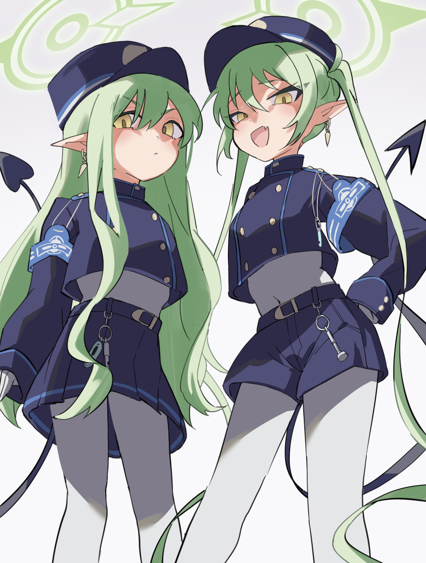 2girls absurdres black_hat black_jacket black_shorts black_skirt blue_archive covered_navel demon_girl demon_tail earrings fang green_hair green_halo halo hand_on_own_hip highres hikari_(blue_archive) jacket jewelry long_hair looking_at_viewer multiple_girls nozomi_(blue_archive) open_mouth pantyhose pisaso pointy_ears shirt shorts siblings sidelocks single_earring sisters skin_fang skirt smile tail twintails white_pantyhose white_shirt