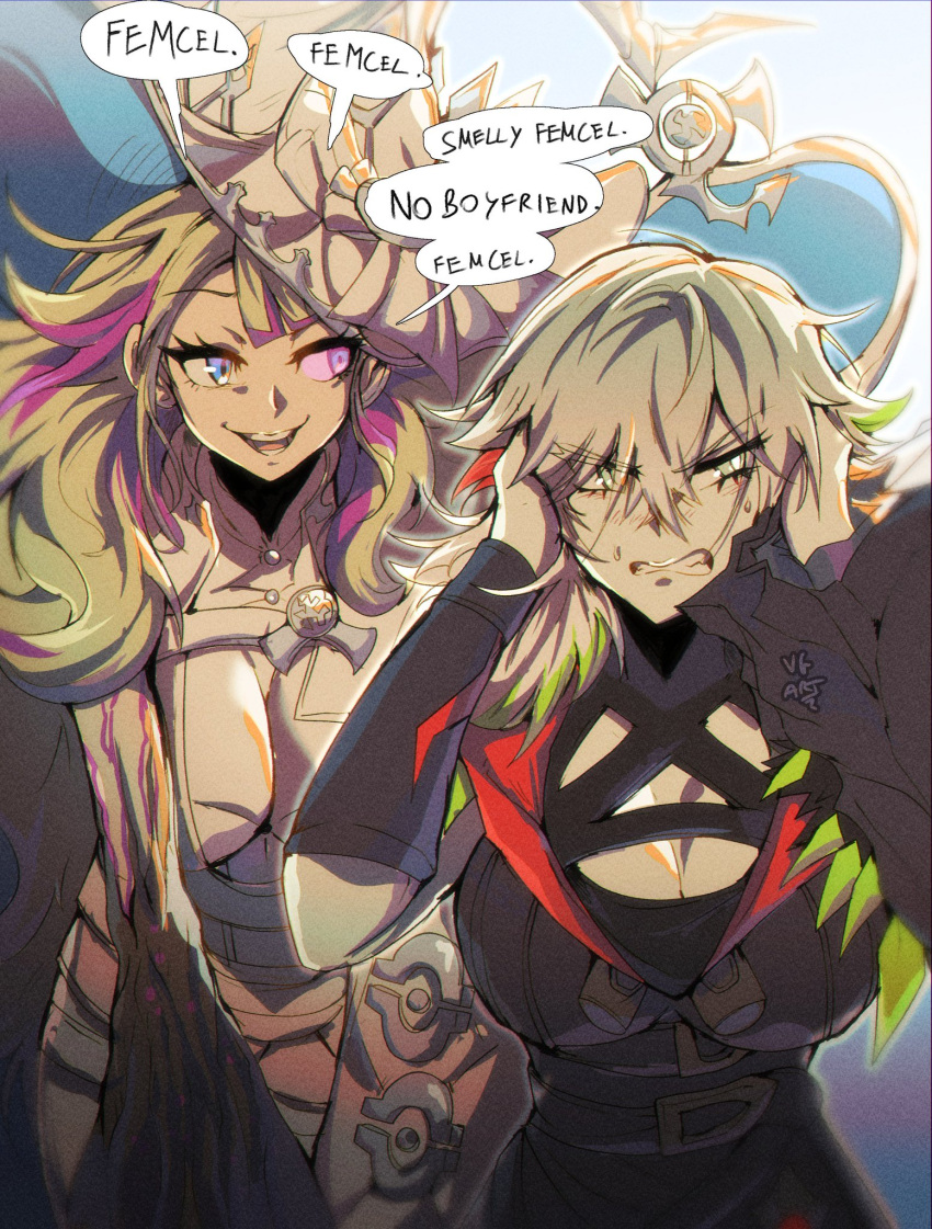 2girls blonde_hair blue_eyes breasts cleavage colored_tips detached_sleeves diabellstar_the_black_witch diabellze_the_original_sinkeeper dress duel_monster english_text green_hair grey_eyes grey_hair hat highres large_breasts long_hair medium_hair multicolored_hair multiple_girls pale_skin purple_hair single_detached_sleeve single_sleeve smile streaked_hair vincent_graphic_art white_dress witch_hat yu-gi-oh!