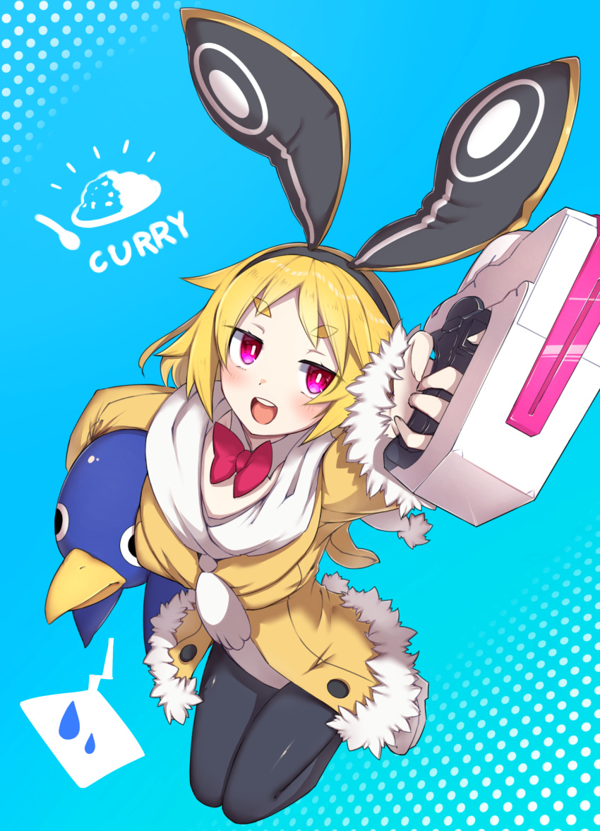 1girl aged_up animal_ears blonde_hair bow breasts coat demon_girl disgaea disgaea_rpg fur-trimmed_jacket fur-trimmed_sleeves fur_trim gun highres holding holding_gun holding_weapon jacket makai_senki_disgaea makai_senki_disgaea_5 open_mouth prinny rabbit_earmuffs rabbit_ears red_eyes short_hair sphere_stone thick_eyebrows usalia_(disgaea) weapon yellow_coat yellow_jacket