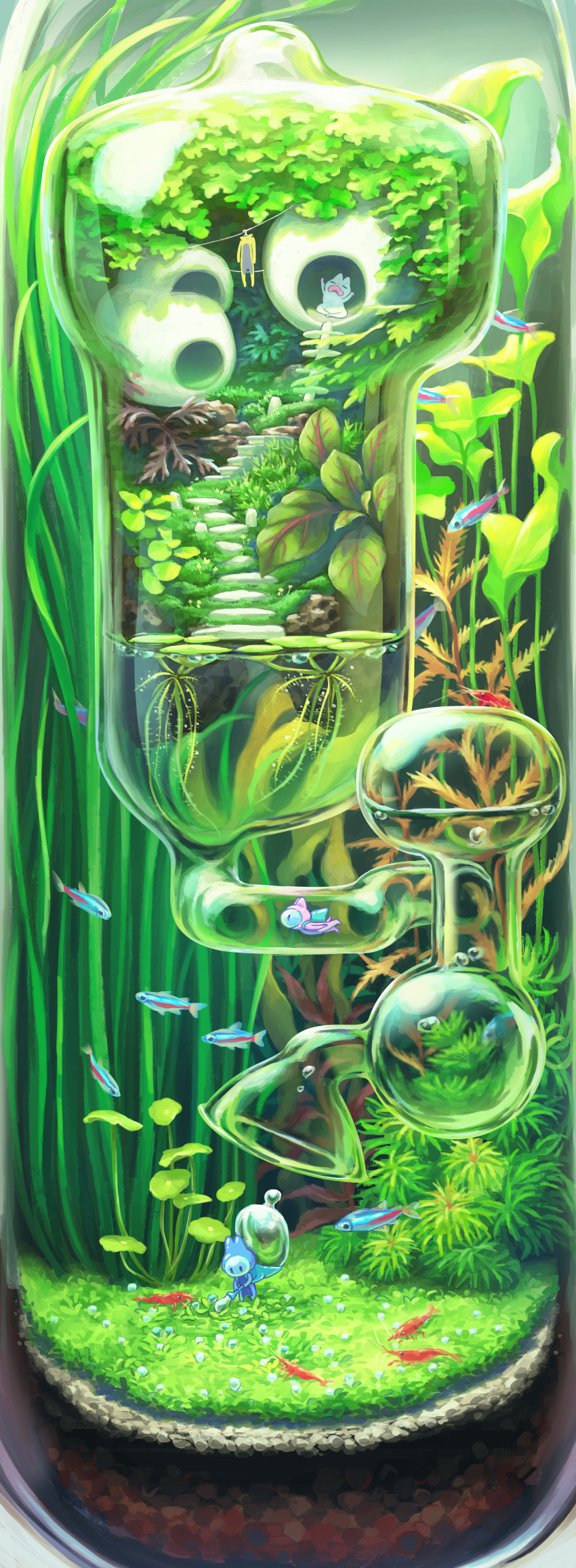 3others absurdres air_bubble animal bodysuit bubble clothesline commentary_request day diving_suit fish glass grass green_theme highres incredibly_absurdres ladder leaf lily_pad lobster multiple_others original outdoors photosynthesis plant scenery seaweed solid_oval_eyes standing swimming toufu_(inu_no_mayuge) underwater very_wide_shot water wetsuit yawning