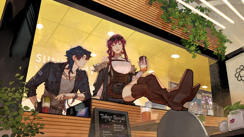 1boy 1girl alternate_costume blade_(honkai:_star_rail) blue_hair boots brown_footwear commentary crossed_legs cup drink drinking_straw english_commentary english_text eyewear_on_head fur_trim glass glasses grin guest_art high_heel_boots high_heels highres holding holding_cup holding_drink honkai:_star_rail honkai_(series) jewelry kafka_(honkai:_star_rail) lipstick_mark looking_at_another off_shoulder profile purple_hair ring round_eyewear sideways_glance smile sunglasses velinxi wanted watch wristwatch