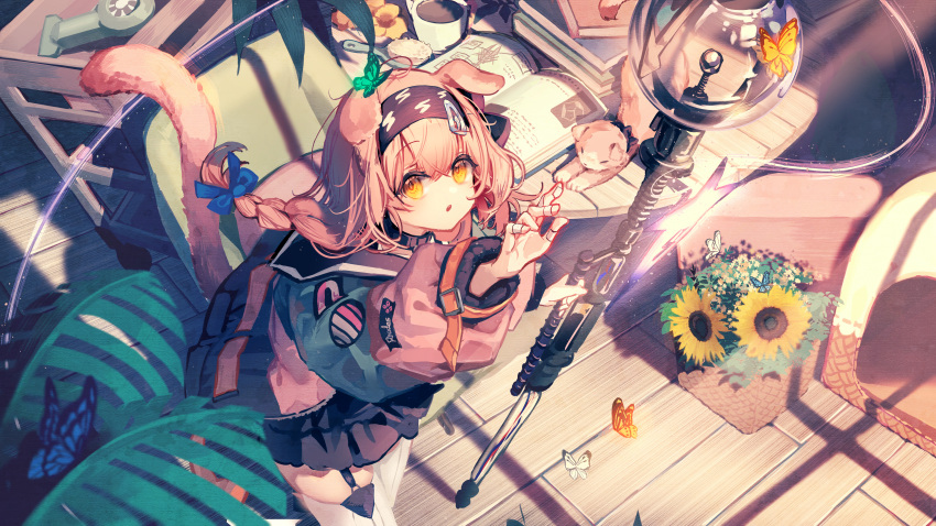 1girl absurdres animal_ears arknights arm_up bandaid bandaid_on_hand black_hairband black_skirt blue_bow book book_stack bow bug butterfly cat cat_ears cat_girl chair commentary cowboy_shot floppy_ears flower from_above garter_straps goldenglow_(arknights) hair_bow hairband highres iasimo indoors jacket lightning_bolt_print long_hair long_sleeves open_book open_mouth orange_eyes pink_hair pink_jacket print_hairband scottish_fold skirt solo sunflower table thighhighs white_thighhighs wooden_floor yellow_butterfly yellow_flower