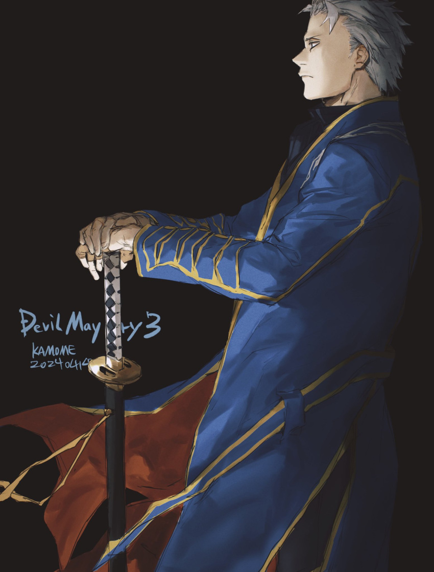 1boy amatuki black_gloves blue_coat blue_eyes closed_mouth coat devil_may_cry_(series) devil_may_cry_3 fingerless_gloves gloves hair_slicked_back highres holding holding_sword holding_weapon katana male_focus solo sword vergil_(devil_may_cry) weapon white_hair yamato_(sword)