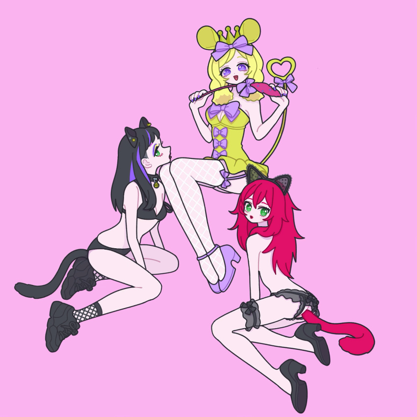 3girls :d anal_tail animal_ears bell black_bra black_collar black_footwear black_hair black_panties blonde_hair bra breasts cat_day cat_ears cat_tail cat_teaser collar commentary_request crown fake_tail fishnet_socks fishnet_thighhighs fishnets full_body green_eyes hair_ribbon heart heart_tail high_heels highres holding invisible_chair jingle_bell long_hair looking_at_viewer mouse_ears mouse_tail multiple_girls neck_bell nyaasechan open_mouth panties pink_background pretty_rhythm pretty_rhythm_rainbow_live pretty_series profile purple_eyes purple_footwear purple_hair purple_ribbon red_hair renjouji_beru ribbon shoes sitting small_breasts smile sneakers socks suzuno_ito tail takanashi_otoha thighhighs tongue tongue_out underwear underwear_only white_thighhighs