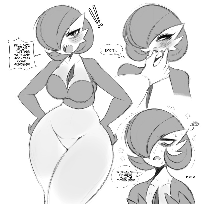 1:1 blush bodily_fluids breasts dialogue female gardevoir generation_3_pokemon hi_res humanoid looking_at_viewer monochrome nintendo open_mouth pokemon pokemon_(species) saltyxodium solo speech_bubble sweat