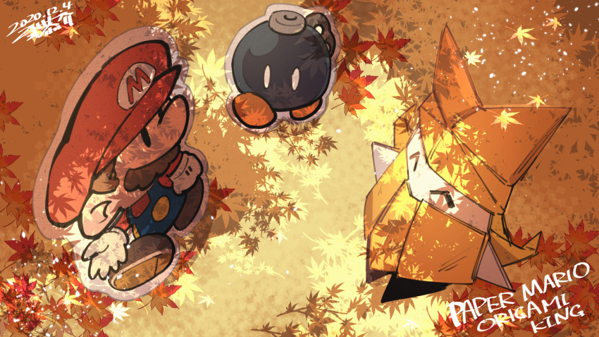 1boy 1girl 2020 autumn blue_overalls bob-omb bobby_(paper_mario) brown_footwear brown_hair closed_eyes commentary_request copyright_name dated dated_commentary dress facial_hair falling_leaves floating from_above gloves leaf looking_at_another mario mario_(series) mustache nikki_kyousuke olivia_(paper_mario) origami outdoors overalls paper paper_mario paper_mario:_the_origami_king red_hat red_shirt shadow shirt solid_oval_eyes walking white_gloves winding_key yellow_dress yellow_hat