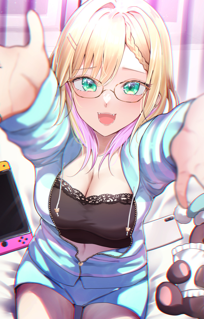 1girl :d absurdres bear_hair_ornament bed black_camisole blonde_hair blue_jacket blue_shorts blurry braid braided_bangs breasts camisole cleavage colored_inner_hair crop_top curtains depth_of_field ear_piercing fangs glasses green_eyes hair_ornament hairclip highres indoors jacket kairi_(miry666) kurumi_noah lace-trimmed_camisole lace_trim large_breasts long_hair looking_at_viewer medium_hair multicolored_hair navel nintendo_switch open_clothes open_jacket open_mouth outstretched_arms piercing pink_hair short_shorts shorts sitting sleepwear smile solo spread_arms striped_clothes striped_jacket stuffed_animal stuffed_toy underwear virtual_youtuber vspo!