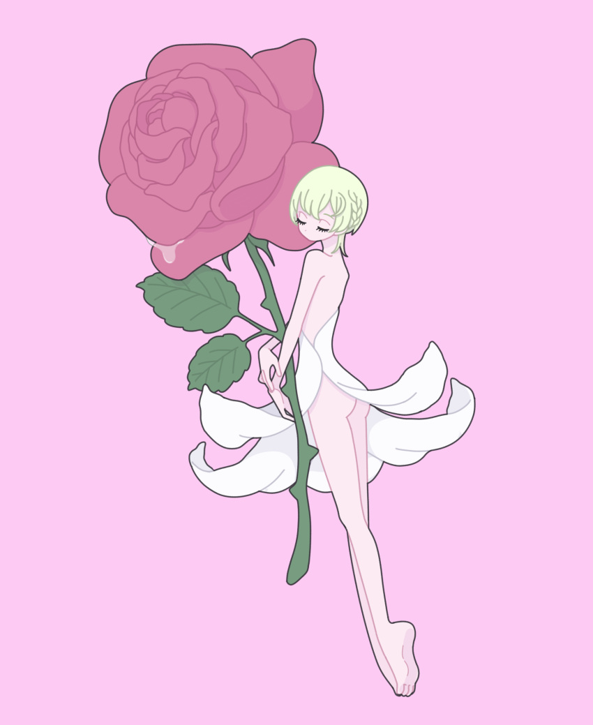 1boy androgynous ass barefoot blonde_hair braid closed_eyes dress expressionless facing_viewer flower full_body highres holding holding_flower king_of_prism kisaragi_louis male_focus nyaasechan otoko_no_ko oversized_object pink_background pink_flower pink_rose pretty_rhythm pretty_series rose short_hair simple_background solo standing white_dress