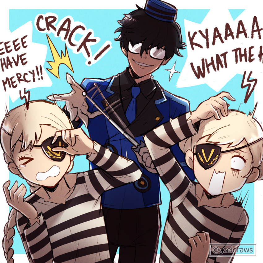 1boy 2girls alternate_costume blue_necktie braid caroline_(persona_5) collared_shirt cosplay costume_switch english_commentary evil_smile eyepatch gzei highres multiple_girls necktie one_eye_covered open_mouth persona persona_5 prison_clothes prisoner role_reversal shirt smile striped_clothes striped_shirt wide-eyed yellow_eyes