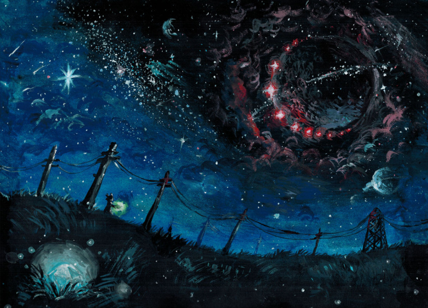 black_cloud black_sky blue_sky glowing grass keroreud night original painting_(medium) planet sky solo star_(sky) traditional_media watercolor_(medium)