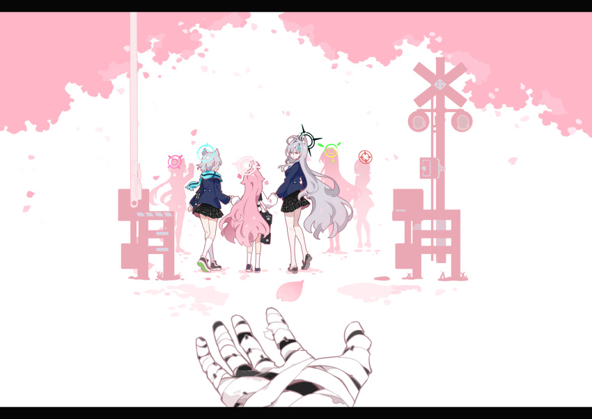 1other 3girls bandaged_hand bandages blazer blue_archive blue_scarf commentary dual_persona facing_away falling_petals foreclosure_task_force_(blue_archive) grey_hair halo highres holding_hands hoshino_(blue_archive) ideolo jacket letterboxed long_hair looking_at_viewer looking_back multiple_girls petals phrenapates_(blue_archive) pink_background pink_hair plaid plaid_skirt pov pov_hands railroad_crossing scarf shiroko_(blue_archive) shiroko_terror_(blue_archive) silhouette skirt symbol-only_commentary two-tone_background walking white_background