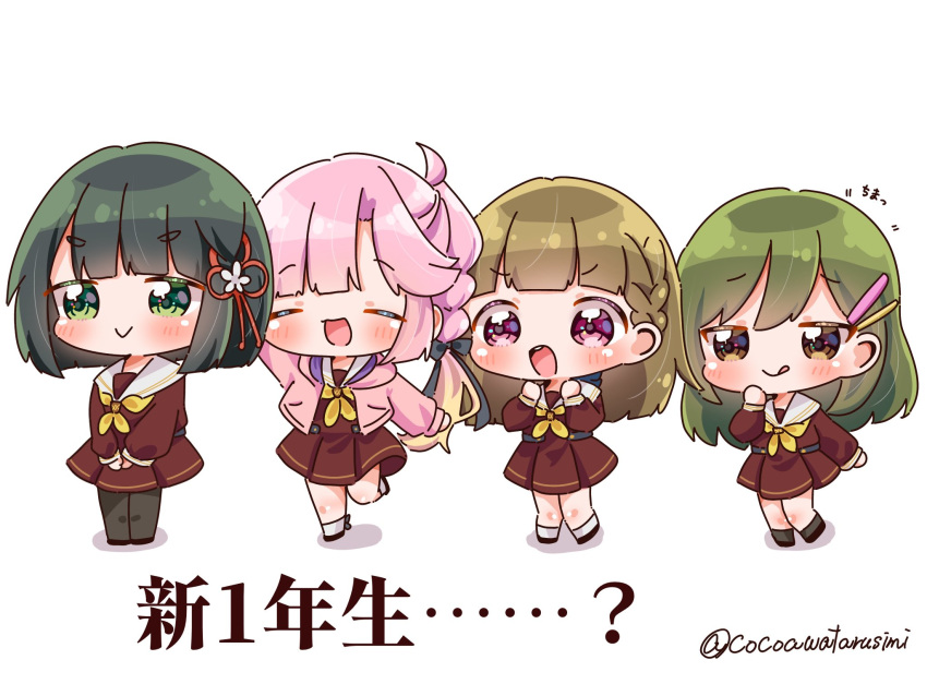 4girls :q anyoji_hime black_hair black_pantyhose blush brown_dress brown_hair chibi closed_eyes closed_mouth commentary_request dress fukune_koko full_body furrowed_brow green_eyes green_hair hair_ornament hairclip hasu_no_sora_school_uniform highres jacket kachimachi_kosuzu link!_like!_love_live! long_hair long_sleeves looking_at_viewer love_live! momose_ginko multiple_girls neckerchief oogami_sachi open_clothes open_jacket open_mouth orange_eyes pantyhose pink_hair pink_jacket ponytail purple_eyes sailor_collar school_uniform short_hair smile socks standing standing_on_one_leg thick_eyebrows tongue tongue_out translation_request twitter_username v-shaped_eyebrows virtual_youtuber white_background white_sailor_collar white_socks winter_uniform yellow_neckerchief