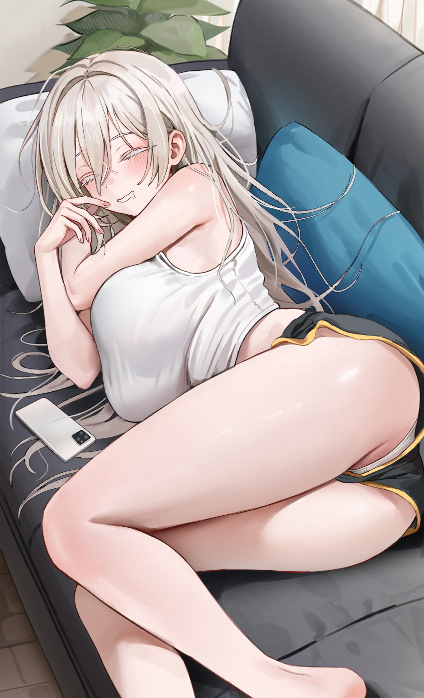 1girl absurdres armpit_crease ass black_shorts blonde_hair blush breasts camisole closed_eyes colored_eyelashes commission couch drooling gompang_11 hair_intakes highres indoors large_breasts lying mouth_drool on_couch on_side original panties panty_peek phone shiny_skin short_shorts shorts sleeping solo thighs underwear upshorts white_camisole white_panties