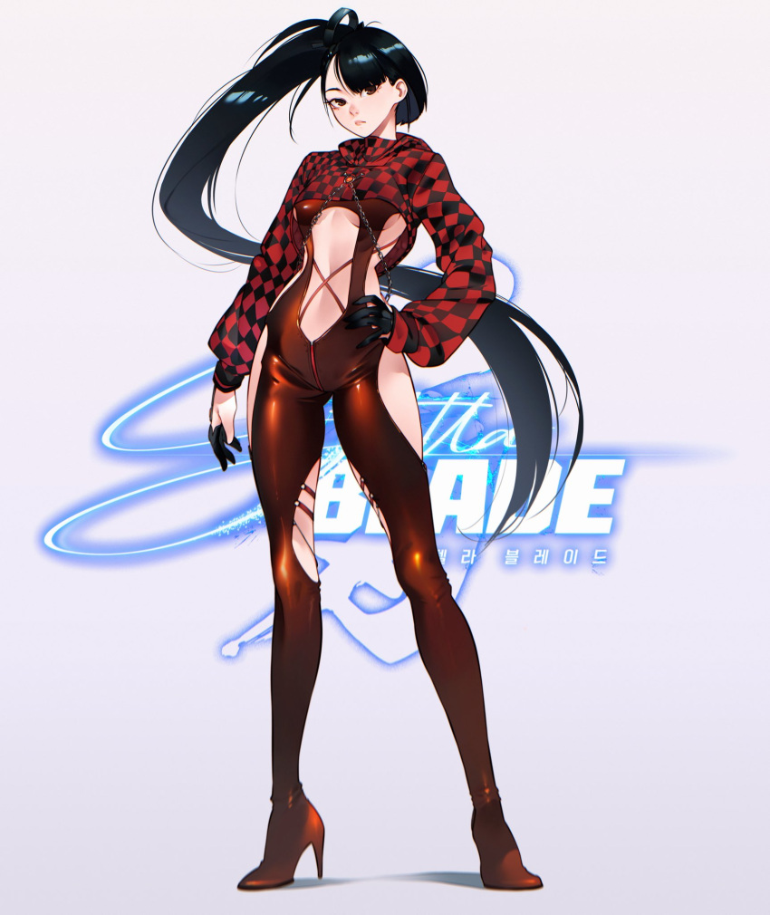 1girl black_gloves black_hair blunt_bangs bodysuit breasts brown_eyes cesar_art456 checkered_clothes closed_mouth clothing_cutout copyright_name cropped_hoodie english_commentary eve_(stellar_blade) full_body gloves half_gloves hand_on_own_hip high_heels highres hood hoodie long_hair long_sleeves looking_at_viewer partially_fingerless_gloves ponytail racer's_high_(stellar_blade) red_bodysuit red_hoodie solo stellar_blade very_long_hair white_background