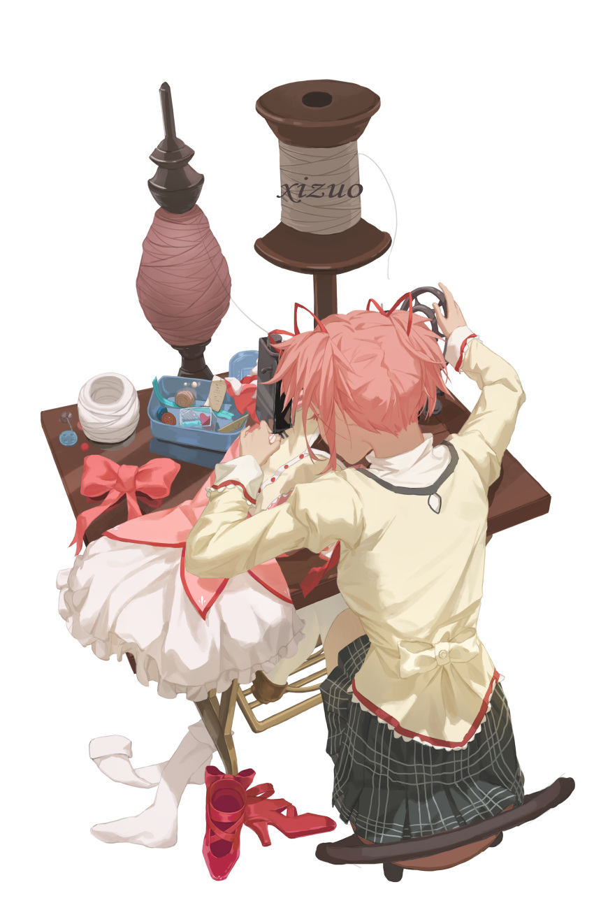 1girl absurdres artist_name black_skirt bow brown_footwear bubble_skirt buttons chair chinese_commentary commentary_request dress frilled_skirt frills from_above full_body hair_ribbon highres juliet_sleeves kaname_madoka long_sleeves mahou_shoujo_madoka_magica mahou_shoujo_madoka_magica_(anime) mitakihara_school_uniform on_chair pink_bow pink_dress pink_hair plaid plaid_skirt puffy_sleeves ribbon school_uniform sewing sewing_machine shoes short_hair short_twintails sitting skirt solo table thighhighs thread twintails unworn_dress unworn_shoes unworn_skirt unworn_socks white_background white_skirt white_thighhighs xizuo yarn