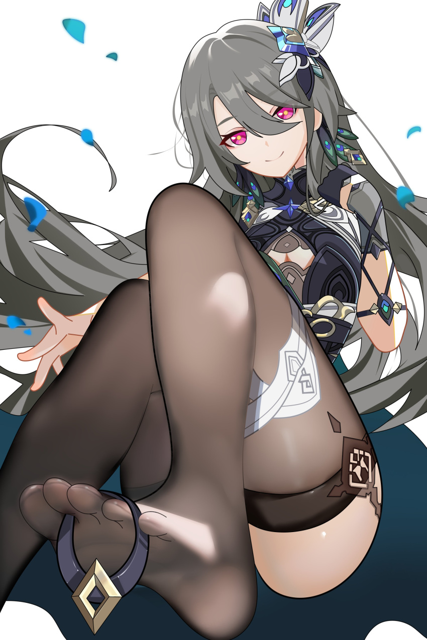 1girl absurdres between_toes black_dress black_gloves black_thighhighs closed_mouth dress feet foot_out_of_frame fs_(sdamsd21321) gloves grey_hair hair_ornament highres honkai_(series) honkai_impact_3rd knees_together_feet_apart long_hair looking_at_viewer no_shoes petals purple_eyes simple_background single_glove smile soles solo thighhighs toes very_long_hair vita_(honkai_impact) white_background
