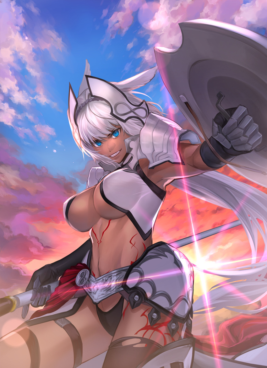 1girl absurdres animal_ears armor bikini black_gloves blue_eyes blue_sky body_markings breasts caenis_(fate) cleavage dark-skinned_female dark_skin elbow_gloves fate/grand_order fate_(series) faulds gauntlets gloves gradient_sky grin halterneck headpiece highleg highleg_bikini highres large_breasts long_hair looking_at_viewer orange_sky pauldrons polearm ri-ko shield shoulder_armor sky smile solo spear sunset swimsuit thighs twilight very_long_hair weapon white_hair