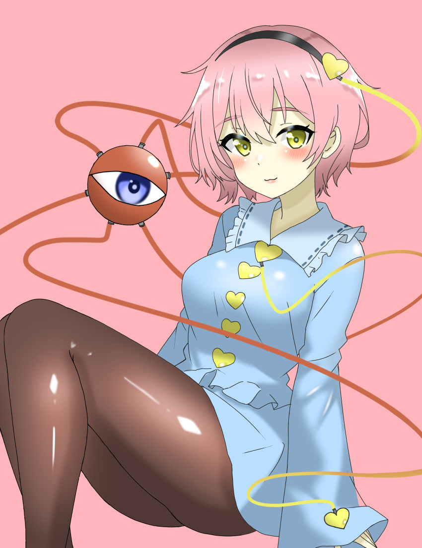 1girl absurdres black_hairband black_pantyhose blue_shirt blue_skirt closed_mouth commentary hairband heart highres komeiji_satori long_sleeves looking_at_viewer pantyhose pink_background pink_hair shirokumall shirt short_hair simple_background skirt solo third_eye touhou yellow_eyes