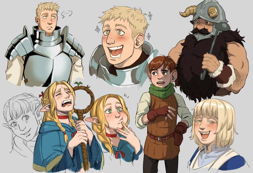 2girls 3boys :d beard blonde_hair brother_and_sister brown_hair chilchuck_tims crying dark-skinned_male dark_skin doodle_inset drooling dungeon_meshi dwarf eating elf facial_hair fake_horns falin_touden helmet highres horned_helmet horns jubilationsart laios_touden long_beard long_hair marcille_donato multiple_boys multiple_girls muscular muscular_male pointy_ears senshi_(dungeon_meshi) siblings smile sparse_arm_hair thick_arm_hair thick_mustache very_long_beard