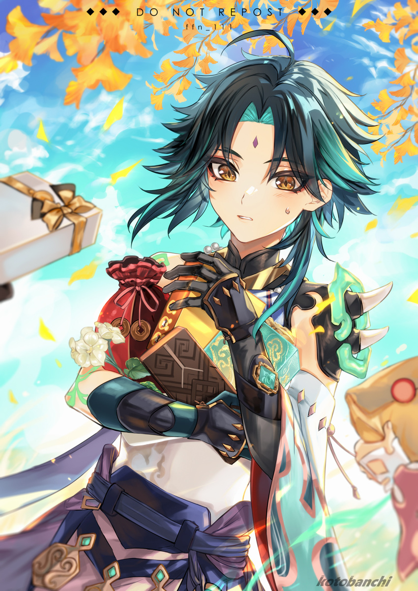 1girl 2boys aether_(genshin_impact) ahoge aqua_gemstone arm_tattoo armor artist_name asymmetrical_gloves bag belt black_gloves black_hair blue_belt blue_gloves blue_hair blue_pants blue_sky blush bow box brown_eyes character_print cloud cloudy_sky coin day detached_sleeves diamond-shaped_pupils diamond_(shape) eyeshadow facial_mark ffn_111 fingernails flower forehead_mark gem genshin_impact gift gift_box ginkgo_leaf gloves gold_trim guoba_(genshin_impact) highres holding holding_bag holding_box holding_gift jewelry leaf long_sleeves looking_at_another makeup mandarin_collar multicolored_hair multiple_boys necklace outdoors package paimon_(genshin_impact) pants pearl_necklace pink_ribbon red_eyeshadow ribbon romper shirt short_hair shoulder_armor single_bare_shoulder single_detached_sleeve sky sleeveless sleeveless_shirt solo_focus standing sweatdrop symbol-shaped_pupils tassel tattoo teeth two-tone_hair vision_(genshin_impact) white_flower white_romper white_shirt wide_sleeves xiao_(genshin_impact) yellow_bow