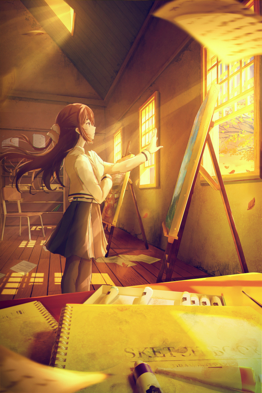 1girl absurdres black_skirt black_thighhighs bookshelf branch brown_eyes brown_hair chair classroom falling_leaves floating floating_object highres holding holding_paper hoshino_mizuki_(hoshino_263f) indoors leaf looking_at_object original paint painting_(object) paper ribbon scenery shirt sketchbook skirt solo sunset thighhighs tree white_ribbon white_shirt wooden_floor
