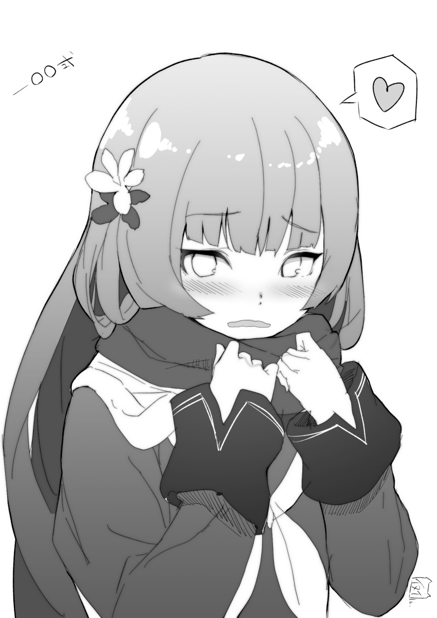 1girl blunt_bangs blush character_name commentary_request curled_fingers embarrassed flower girls'_frontline greyscale hair_flower hair_ornament hands_up heart highres long_hair long_sleeves looking_at_viewer monochrome neckerchief parted_lips scarf school_uniform serafuku sleeve_cuffs solo speech_bubble spoken_heart translated type_100_(girls'_frontline) upper_body very_long_hair yamacchi