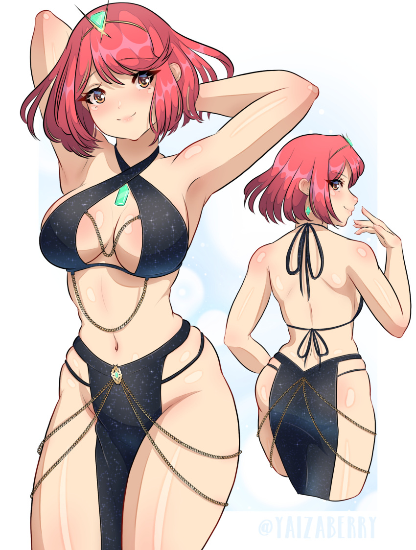 1girl alternate_costume arms_up black_bra black_skirt bra breasts brown_eyes earrings highres jewelry medium_breasts midriff multiple_views pelvic_curtain pyra_(xenoblade) red_hair short_hair skirt smile underwear xenoblade_chronicles_(series) xenoblade_chronicles_2 yaizaberry