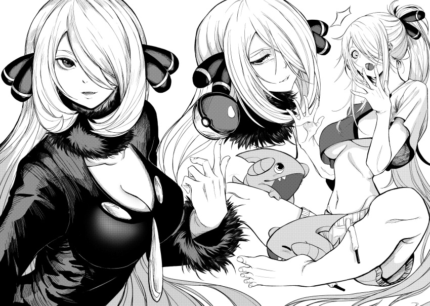 1girl ^^^ absurdres barefoot breasts cleavage crop_top crop_top_overhang cynthia_(pokemon) dress feet fur-trimmed_sleeves fur_collar fur_trim gible greyscale hair_ornament hair_over_one_eye half-closed_eye hands_up highres indian_style jesse_schickler large_breasts light_smile long_hair looking_at_viewer monochrome multiple_views navel one_eye_covered open_hands open_mouth parted_lips poke_ball poke_ball_(basic) pokemon pokemon_(creature) pokemon_dppt ponytail short_sleeves shorts simple_background sitting sweatdrop teeth toes underboob very_long_hair
