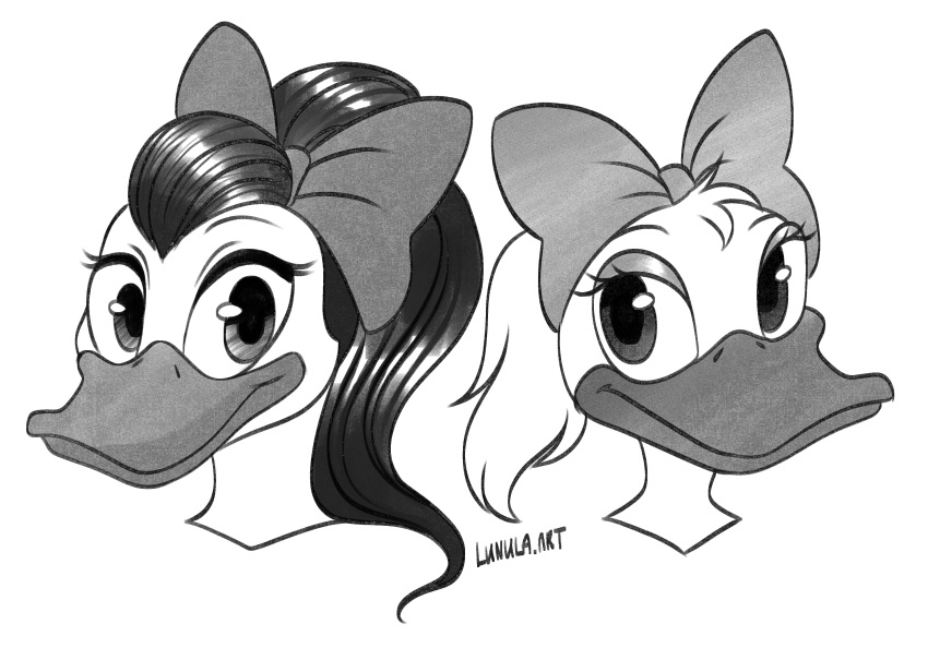 absurd_res accessory almanda_de_quack anthro bow_ribbon cousins_(lore) daisy_duck disney duo eye_contact female greyscale hair hair_accessory hair_bow hair_ribbon happy headshot_portrait hi_res long_hair looking_at_another lunula_(artist) mickey_and_the_roadster_racers mickey_mouse's_mixed-up_adventures mickey_mouse_clubhouse mickey_mouse_funhouse monochrome ponytail portrait ribbons smile traditional_media_(artwork)