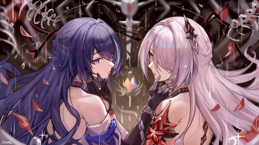 2girls acheron_(honkai:_star_rail) bare_back bare_shoulders black_choker black_gloves chain choker commentary cxxxl dual_persona elbow_gloves gloves honkai:_star_rail honkai_(series) long_hair looking_at_viewer multiple_girls official_alternate_color purple_eyes purple_hair upper_body very_long_hair white_hair